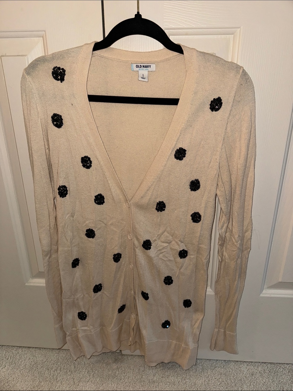 Old Navy Cream Cardigan with Black Sequin Polka Dot  Accents